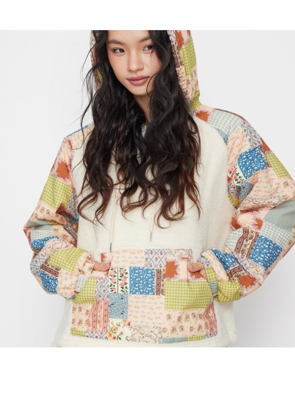 Cider Cream Hoodie with Multicolor Patchwork Sleeves